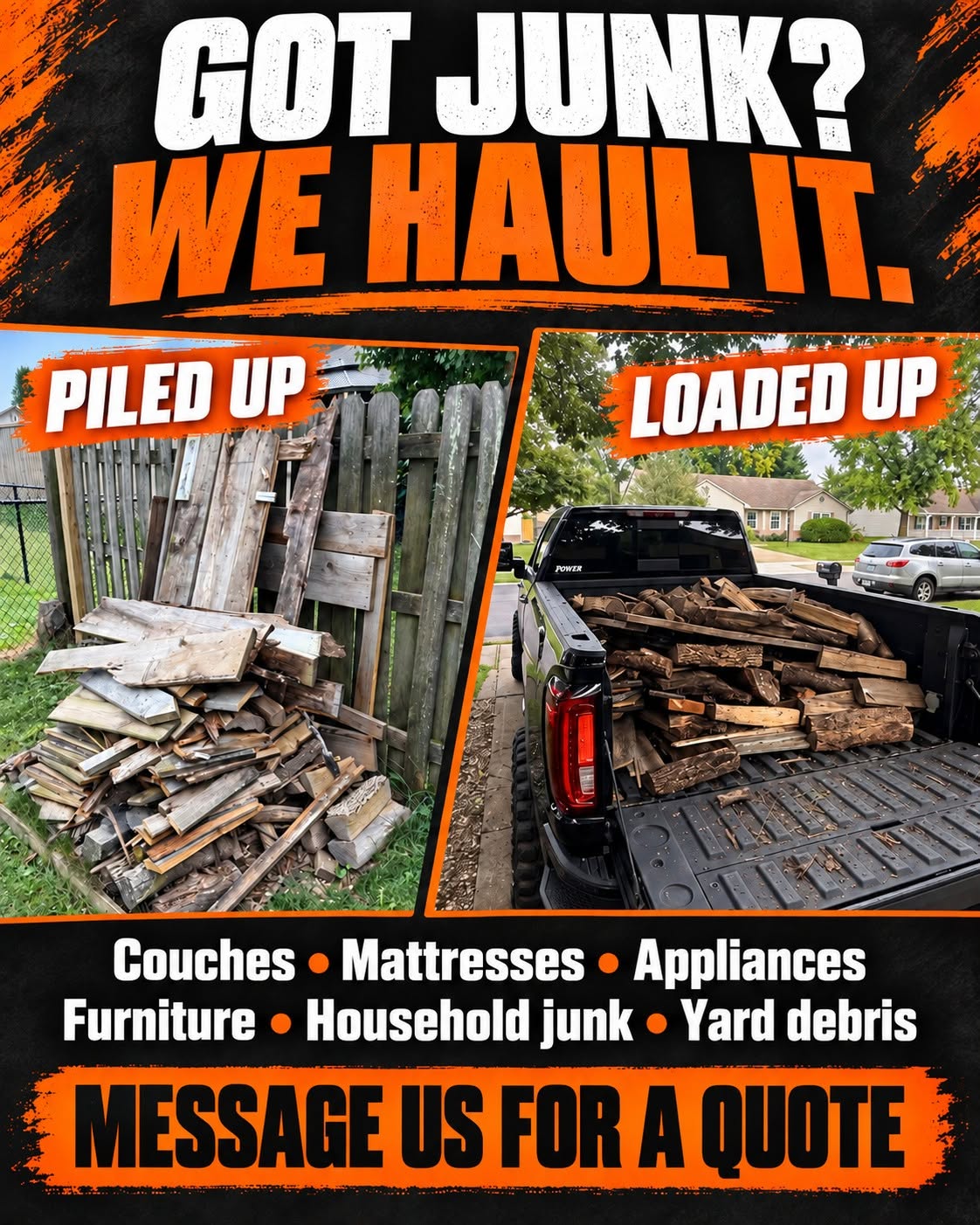 WideWash graphic showing debris piled beside a fence and loaded into a truck bed